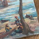 Antique Vintage Sail Makers Seaside Boats Oil Painting On Canvas Signed Pico