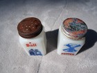 Vintage Milk Glass Dutch Boy Girl Windmill Salt pepper Shaker Set Red Lids Usa
