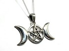 Triple Moon Pentacle Pendant Goddess 20  Chain 925 Sterling Silver Jewellery