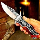 9  Wood Handle Spring Assisted Engraved Blade Folding Pocket Knife 7cr13 Steel