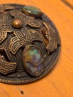 Antique Celtic Revival Large Brass Sash Button Iridescent Glass Cabochon