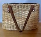 Vintage Bonnie Intl Wicker Basket Handbag With Brown Leather Trim And Strap
