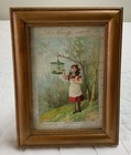 Vintage Antique Victorian Trade Card Ephemera Framed  Girl With Birdcage  Tree