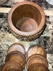 Vintage Mcm Carved Wooden Container W  8 Coasters