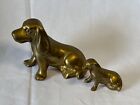 Vintage Pair Of Heavy Brass Basset Hound Dog Paperweight Figurines Large   Small
