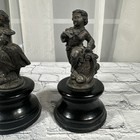 Pair Of Antique Cast Metal Spelter Statues Figures On Wooden Bases