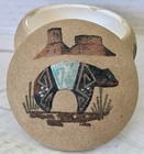 Vintage Southwestern Sand Painted Trinket Box Lidded Pottery Desert Scene Bear