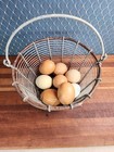 Antique Primitive Wire Egg Basket With Bail Handle Wood Band  8x5  1900-40s