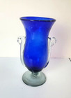 Vintage Cobalt Blue Art Glass Vase 11  Footed Clear Applied Handles