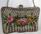 Antique German Seed Beaded Purse Roses Metal Frame Damaged