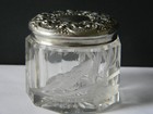 Antique Repousse Sterling Silver Deep Floral Cut Crystal Vanity Jar Art Nouveau