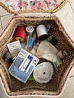 C Z   C Vintage Woven Wicker Sewing Basket West Germany Pink Floral Silk Lining
