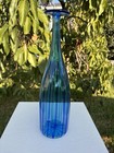 Hand Blown Art Glass 13    Vase Blue Striped Bottle Shape Mcm Murano venini Style   