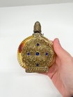 Vintage Czech Gild Gold Filigree Glass Perfume Bottle Jeweled Blue Rhinestones