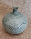 Korean Celadon Vase Green Round Crackle Flowers Branches Scrolls Signed 6 x6 