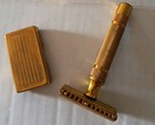 Vintage Gillette Gold Tone Safety Razor Pat  17567 Blade Case Holds 5 Blades  