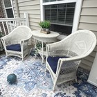 Vintage White Wicker 3-piece Patio Set  Round Table  2 Chairs  Blue Cushions