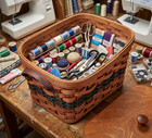 Amish Small Sewing Storage Basket With Solid Oak Lid And Leather Handles