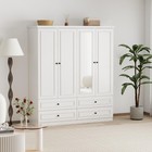 4 Door Modern White Armoire Wardrobe Closet With Mirror  Hanging Rod For Bedroom