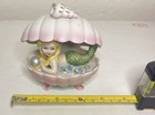 Vintage Ceramic Blonde Haired Mermaid W pearl In Pink Clam Shell Figurine           