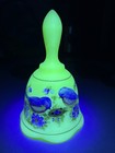Fenton Louise Piper H p  Robins   Daisies Uranium Glass Bell 10-20-1981  glows 