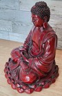 Buddha Shakyamuni Lotus Flower Meditating Hand Carved Statue Art Red Resin 