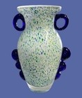 Vtg Hand Blown Art Glass Vase Speckled White Green Cobalt Blue Handles Decor