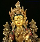 Tibet Buddhism Bronze Gilt Inlay Turquoise Gem Green Tara Kwan-yin Buddha Statue