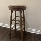 Vintage Solid Wood Bar Stool Turned Legs Leather Covered Seat Charming Rare
