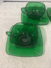 Set Of 4 Vintage Anchor Hocking Square Charm Forest Green Tea Cups   Saucers