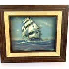 Vintage Nautical 1960s Mcm 3d Clipper Ship In Brown Framed Shadow Box Seascape