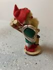 Vtg Hand Felted Woodland Gnome Elf Ornament Nordic Green Coat With Rope   Wood