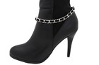 Women Silver Metal Chain Link Boot Bracelet Shoe Black Fabric Anklet Basic Strap