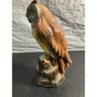 Vintage Ceramic Owl Figurine Statue On Tree Stump Hand Painted Brown Glossy