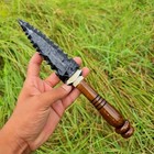 10  Black Obsidian Ritual Dagger Hand-knapped Arrowhead Knife Wood Handle Athame