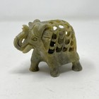 Hand Carved 3  Green Soapstone Elephant Figurine Openwork Jali Trunk Up India