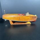 Vintage Hand Carved Wooden Model Toy Pond Boat W Stand Hand Painted Unmarked