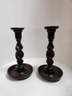 8  English Pair Of Oak Barley Twist Candlesticks W brass Tops   Oak Bowl Bases 