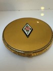 Vintage Guilloche Enamel Gold Metal Compact Powder Mirror Vanity Rose Flower