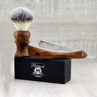 Men Shaving Kit Wooden Handle Synthetic Bristles Brush Cut Throat Straight Razor