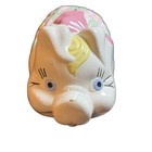 Vintage Large Piggy Bank Hand Painted Ceramic Pink Floral Bow White Pig Coin