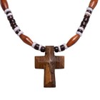 Hand Carved Wood Cross On Brown Coconut   Puka Shell Beads Necklace  18  