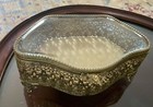 Vtg Ormolu Gold Filigree Beveled Glass Jewelry Casket Footed Lidded Box Vanity