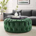 Emerald Velvet Tufted Round Ottoman - Large Performance Style