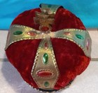 Vintage Sewing Pin Cushion Red Velvet Crown Faux Bejeweled Japan