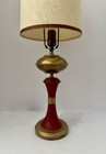 Vintage Mcm Danish   Atomic Mod Style Red Metal Brass Table Lamp Orig Drum Shade
