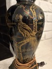 Antique Chinoiserie Oriental Black   Gold Bird Motif Table Lamp  Pull Chain 