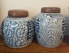 Pair Antique Chinese Blue   White Porcelain Double Happiness Ginger Jars W Lids