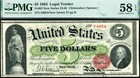 Hgr 1863  5 Legal Tender Fr 63   rare Issue Rare Grade   Pmg Au-58epq