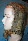 Original Victorian Silk Satin   Wool Crochet Bonnet W Glass Beads  xlg 